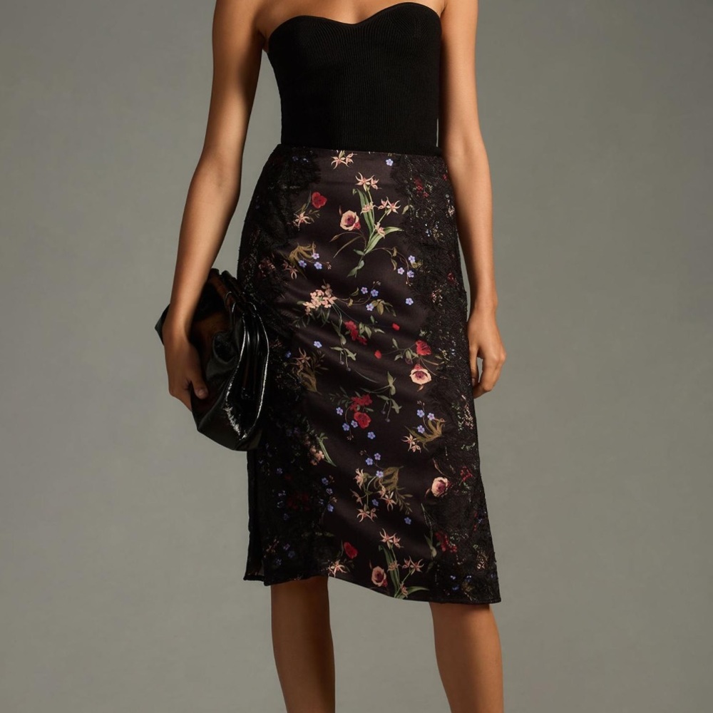 Anthropologie Black Floral Midi Skirt